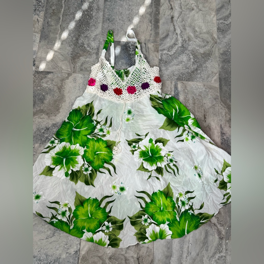 Floral Green and White Dress with Crochet Detail